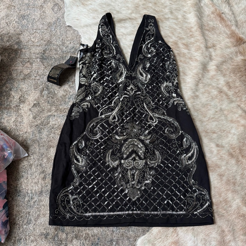 Bebe Elegant Black Dress with Beaded Embellishments